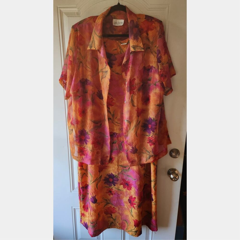 Vintage Lady Dorby Cruise Wear 2 Piece Crinkle Floral Orange Dress Plus 20 / 22